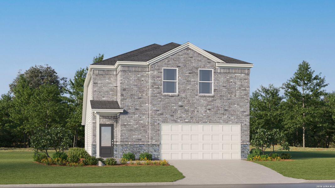 Front exterior of a new home in Stone Garden, Elmendorf, TX, highlighting curb appeal (Image 19). Front exterior of a new home in Stone Garden, Elmendorf, TX, highlighting curb appeal (Image 19).