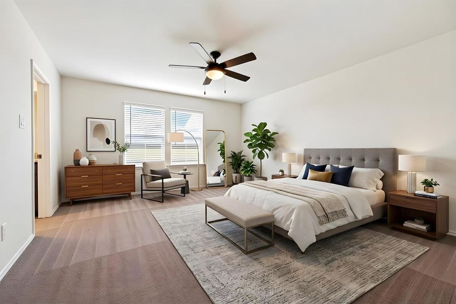 A spacious primary bedroom with a ceiling fan offers comfort and direct access to a private bath. Virtually Staged A spacious primary bedroom with a ceiling fan offers comfort and direct access to a private bath. Virtually Staged