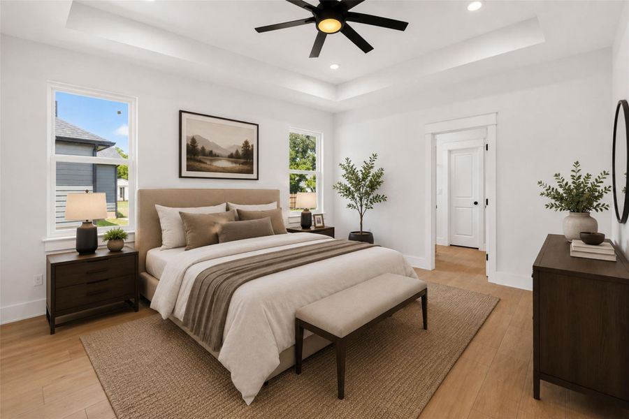 Virtually staged primary bedroom