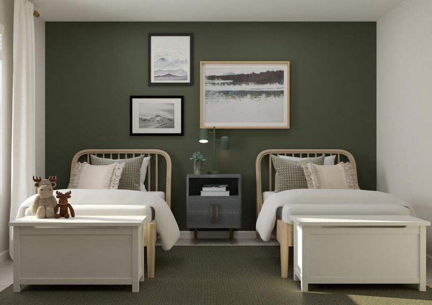 Rendering of a bedroom with two twin
  beds. Three photos of mountains hang above the beds and a nightstand sits
  between them.Â