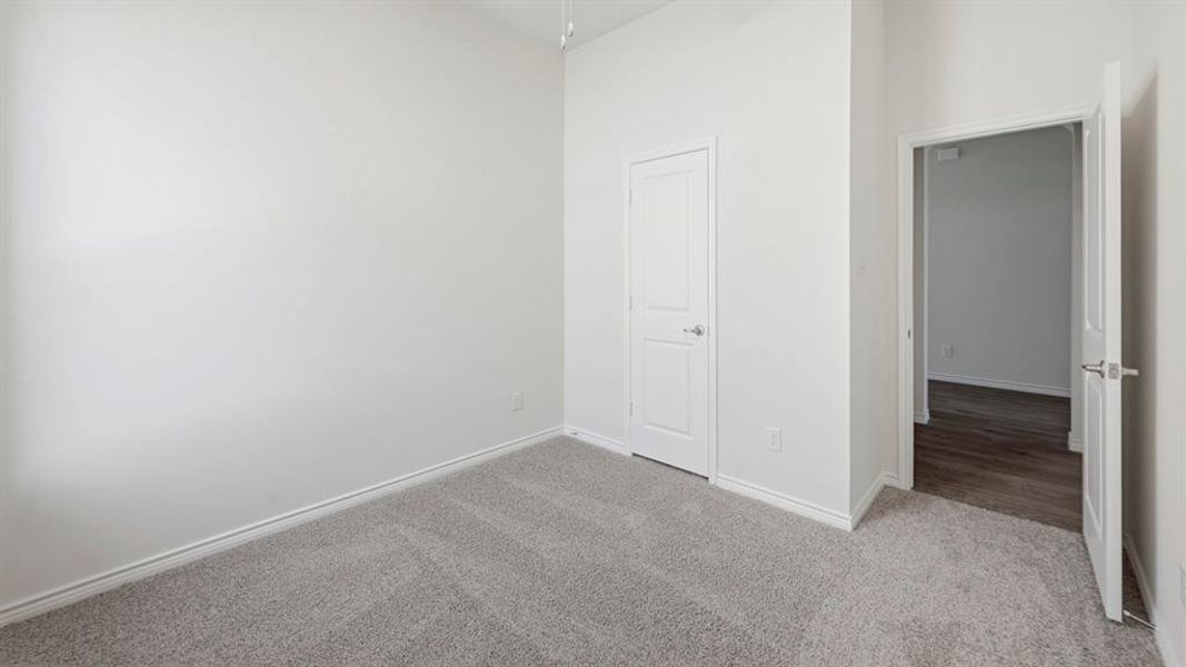 Neutral-toned carpeting extending through the space, contrasted with white baseboards and walls
