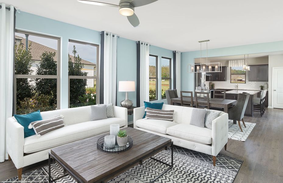 Open gathering room, dining, and kitchen. Open gathering room, dining, and kitchen.