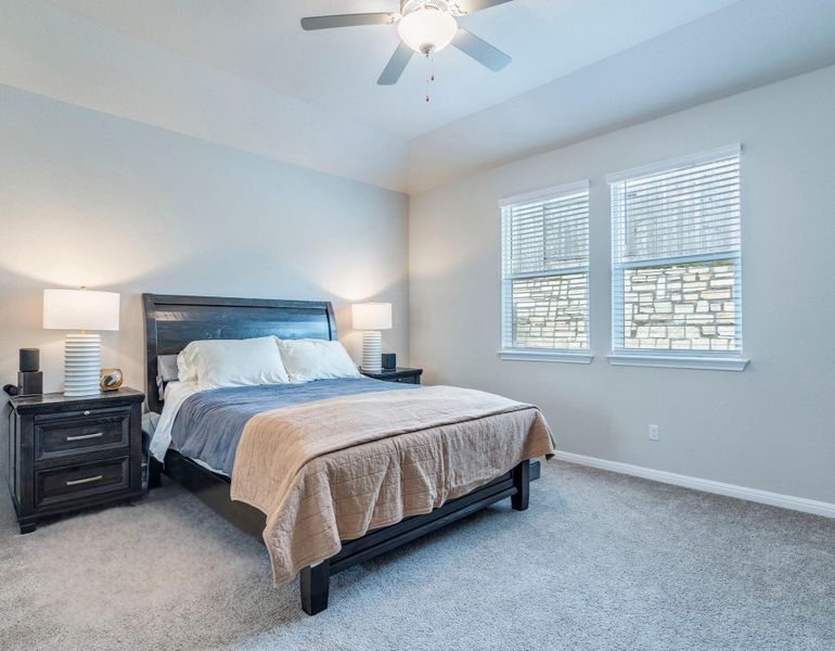 A tranquil primary bedroom with soft carpeting and ample natural light invites restful slumber.