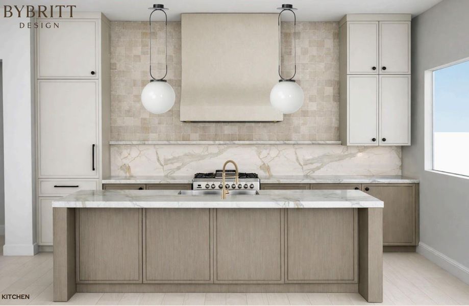 Kitchen featuring a large central island with a stone countertop, a tile backsplash, light-toned cabinetry, and a range with a hood