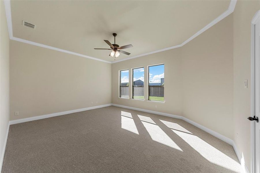 Empty room featuring carpet floors, ceiling fan, and crown molding