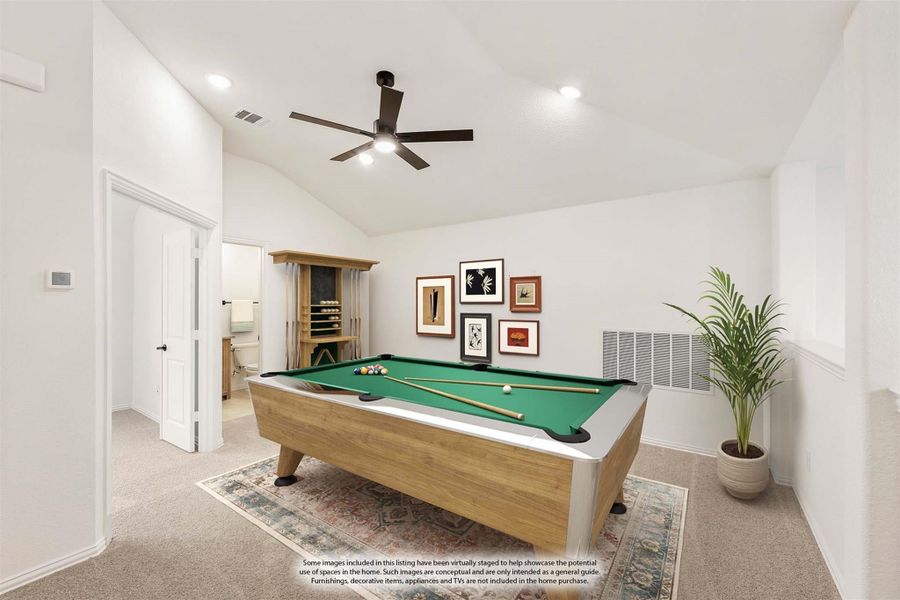 Game room with pool table, vaulted ceiling, ceiling fan, and carpet flooring Game room with pool table, vaulted ceiling, ceiling fan, and carpet flooring