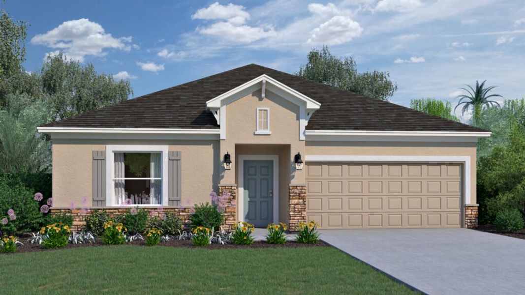 Representative exterior photo of a completed home built from the Laurel by Holiday Builders in Huntington Park, Titusville, FL (Image 5). Representative exterior photo of a completed home built from the Laurel by Holiday Builders in Huntington Park, Titusville, FL (Image 5).