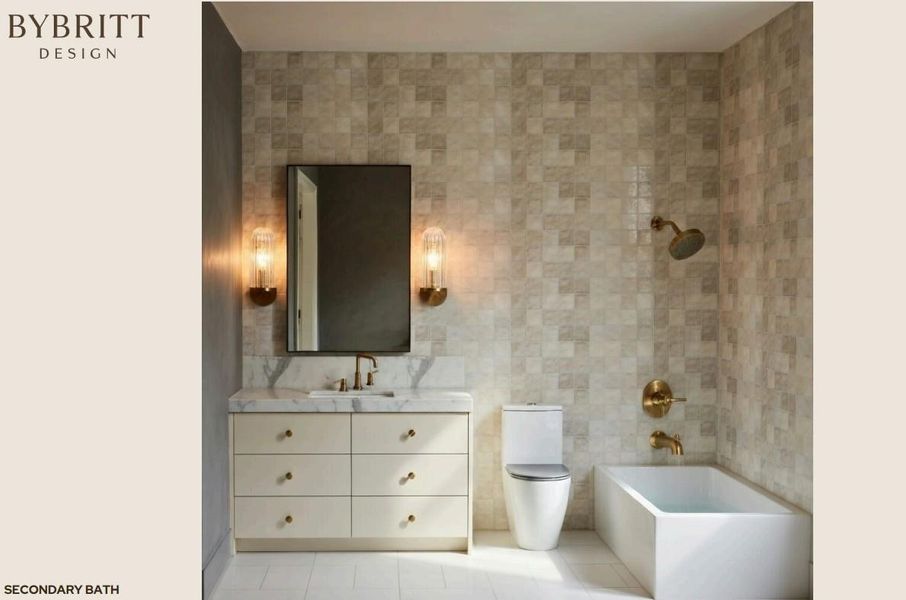 Bathroom featuring a tile accent wall, built-in vanity with a marble-finish countertop, undermount sink, and brass-finish fixtures