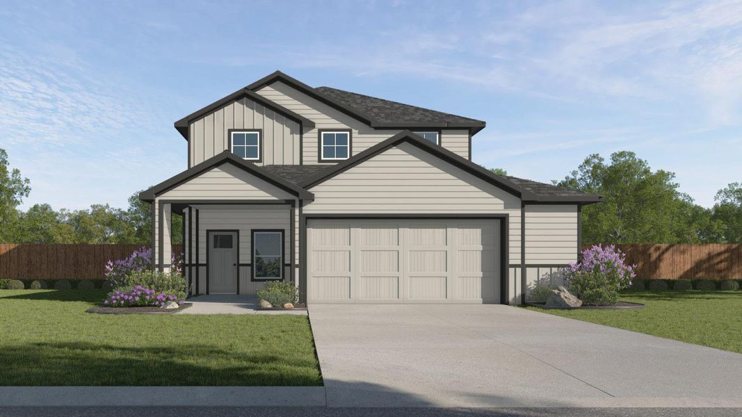 Front exterior of a new home in Paramount, Kyle, TX, highlighting curb appeal (Image 9).