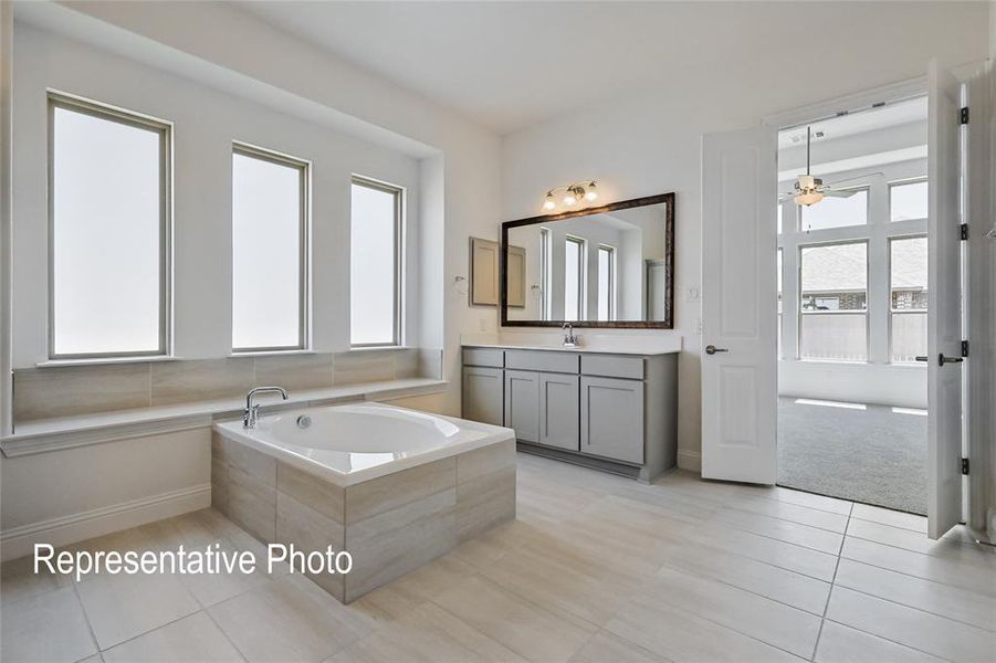 Bathroom featuring tiled tub, tile patterned floors, vanity, and ceiling fan