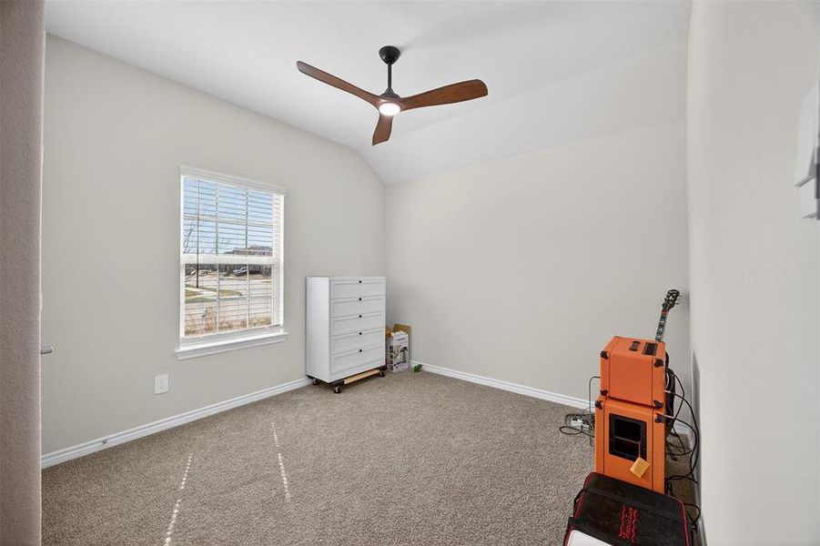 Misc room featuring carpet floors, lofted ceiling, and ceiling fan