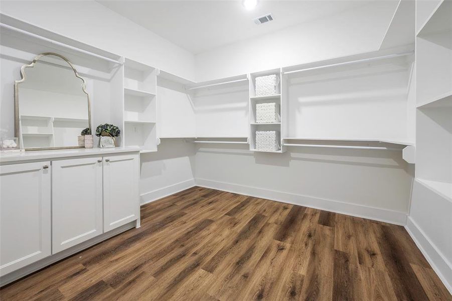 Dream closet with custom organization systems and storage cabinetry designed for effortless luxury living. Expansive built-in shelving, double hanging rods, and thoughtful cubbies maximize every inch.