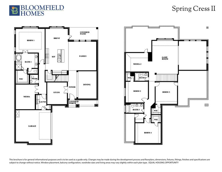 Bloomfield Homes Spring Cress II two-story floor plan with four bedrooms, game room, and covered patio on both levels.