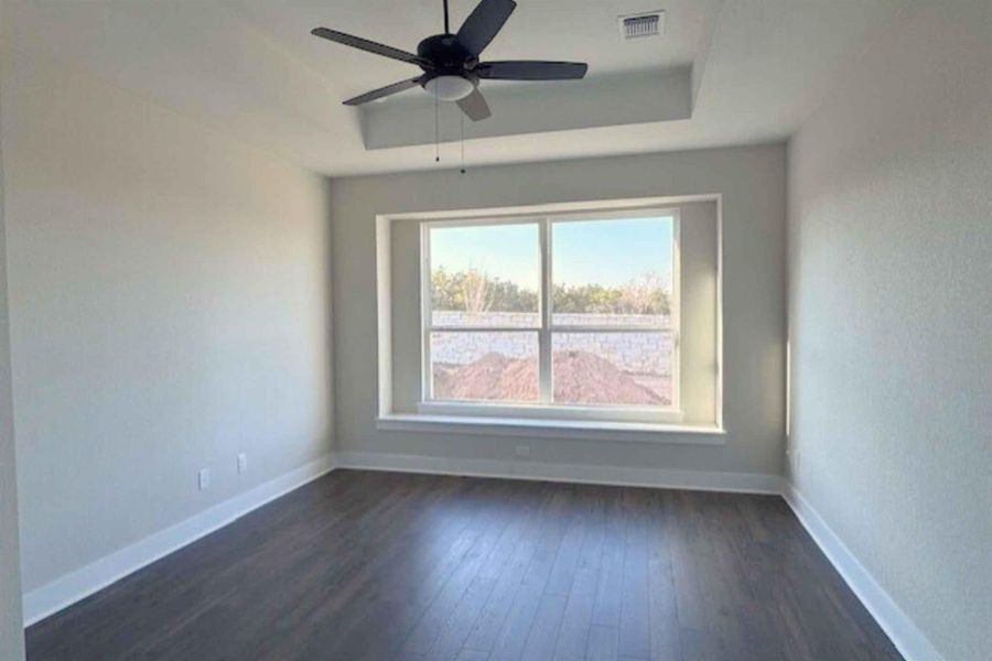 Unfurnished room featuring a raised ceiling, dark wood-style flooring, and ceiling fan