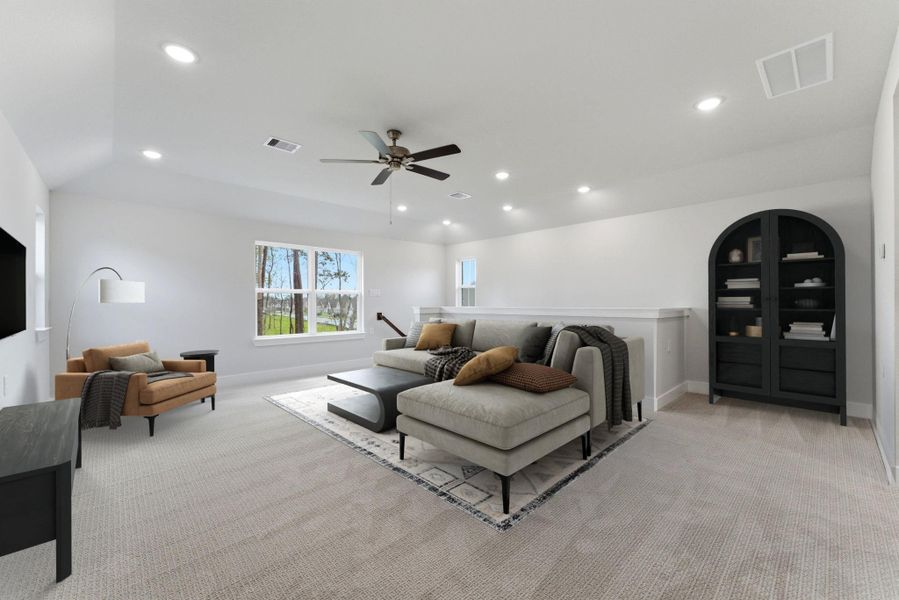 Virtually staged upstairs game room