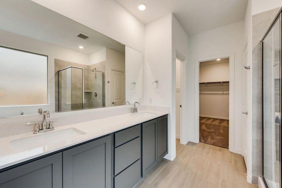 Bathroom with walk in shower and vanity