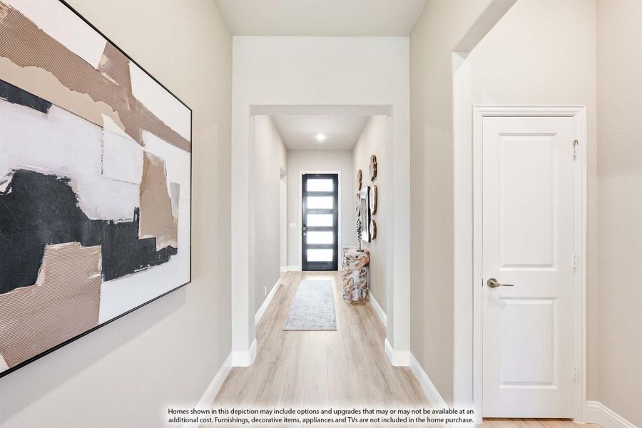 Hallway with light wood floors, white walls, black front door, and large abstract wall art