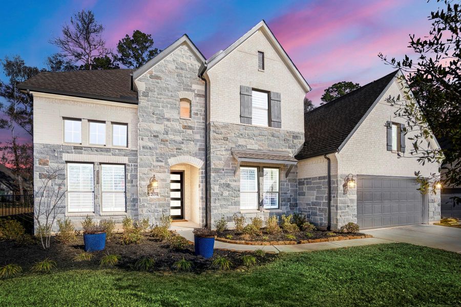 Welcome home to 208 Twinflower Trail Court! This 2024 built modern two-story home has a stone and brick exterior, 4 bedrooms, 4.5 baths, a dedicated home office & media, and a 4-car tandem garage.