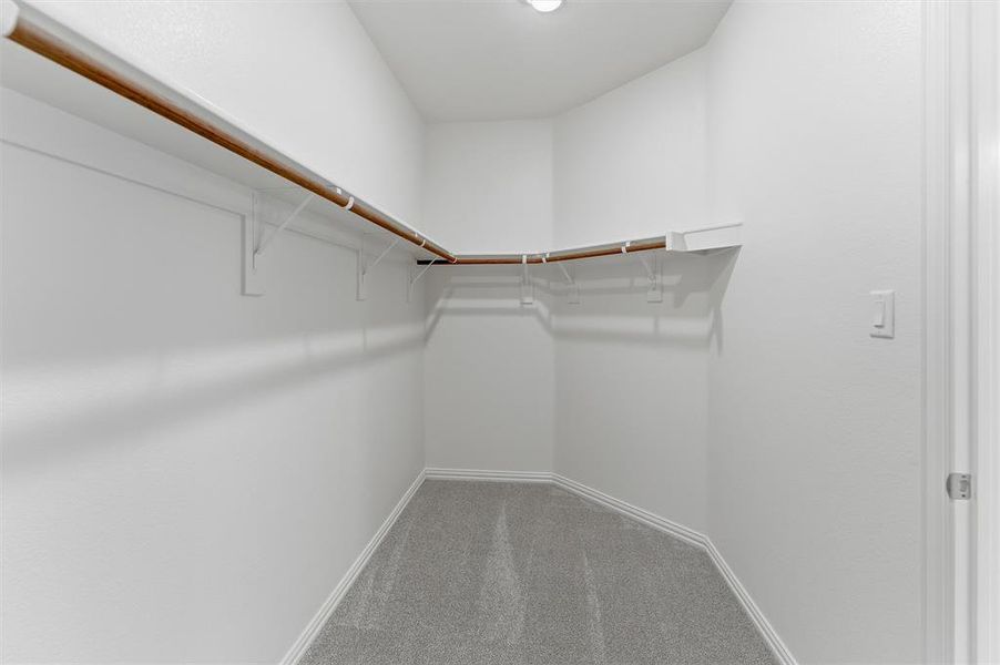 Spacious walk-in closet featuring light grey carpeting, white walls, and built-in shelving with wooden rods