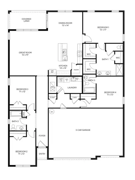 2D floor plan layout for the Denham by D.R. Horton in Fernwood, Zellwood, FL (Image 3).