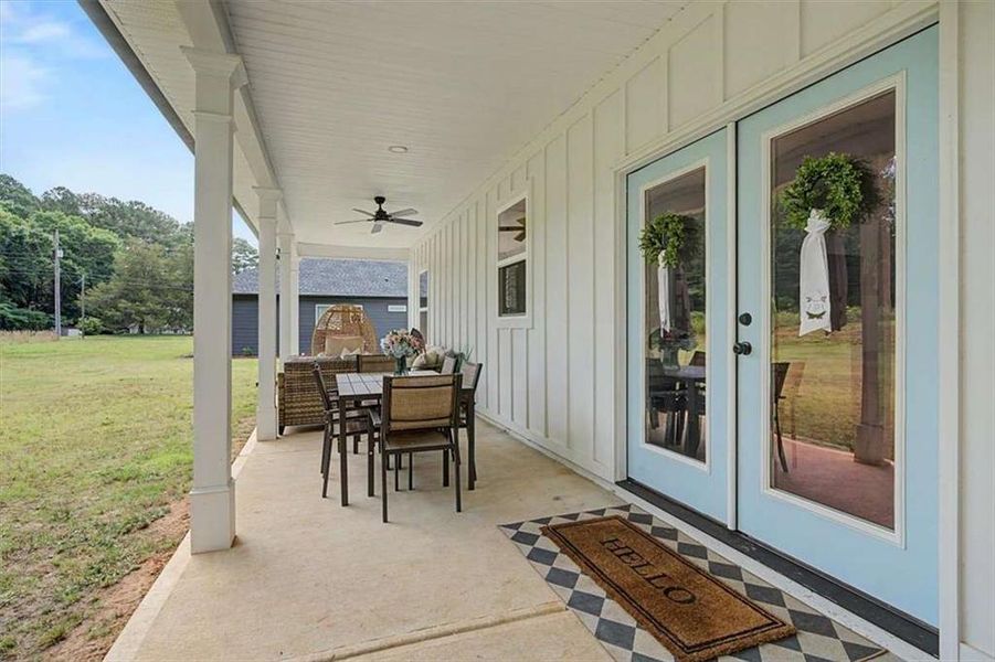 Exterior details and patio area of a home in , Bowdon (Image 20).