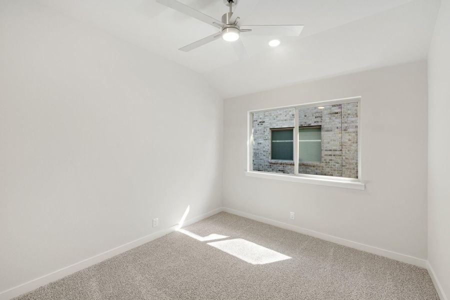 Empty bedroom with carpet flooring, ceiling fan, and a window with natural light