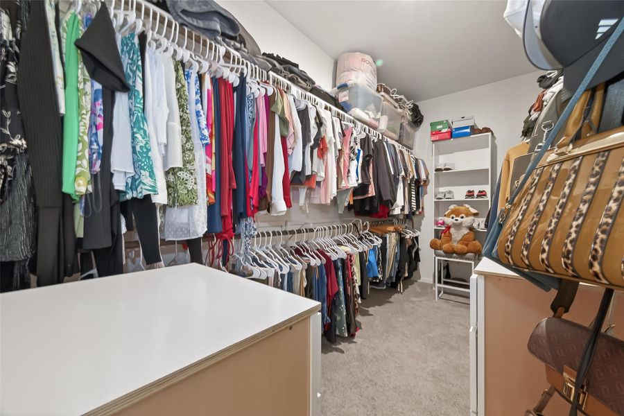 This large full-entry closet is a storage powerhouse, outfitted with shelving to keep your wardrobe organized and accessible.
