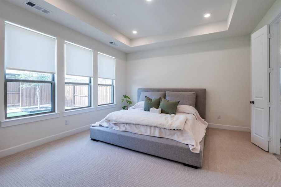 Bedroom with carpet, a raised ceiling, and recessed lighting Bedroom with carpet, a raised ceiling, and recessed lighting