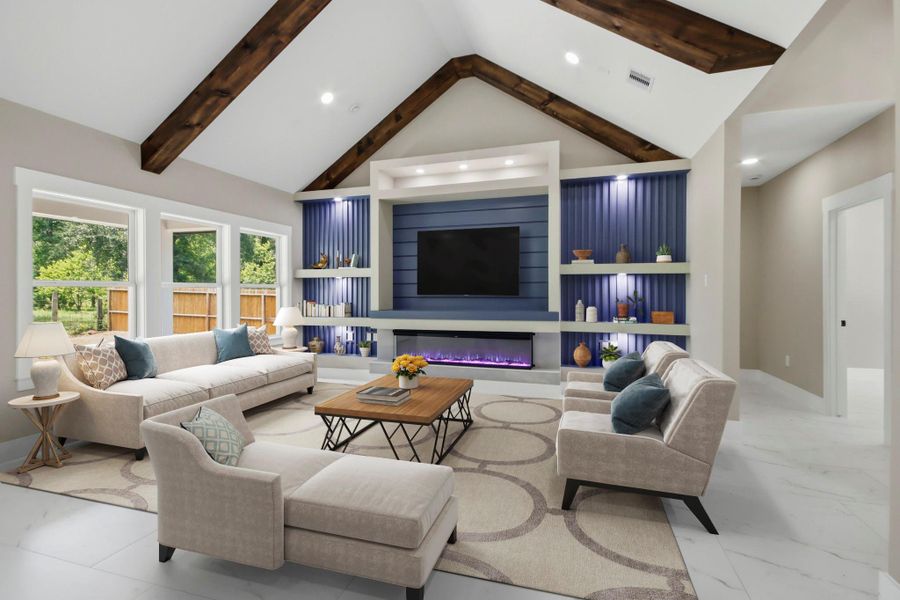 Virtually Staged: This show-stopping living room features a dramatic cathedral ceiling with wood beams. The custom entertainment center boasts slate-blue slatted accents, integrated display lighting, open shelving, and modern electric fireplace. Virtually Staged: This show-stopping living room features a dramatic cathedral ceiling with wood beams. The custom entertainment center boasts slate-blue slatted accents, integrated display lighting, open shelving, and modern electric fireplace.