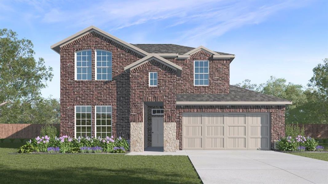 Two-story brick exterior featuring stone accents, a dual-car garage, a covered entry, and a manicured lawn with landscaping Two-story brick exterior featuring stone accents, a dual-car garage, a covered entry, and a manicured lawn with landscaping