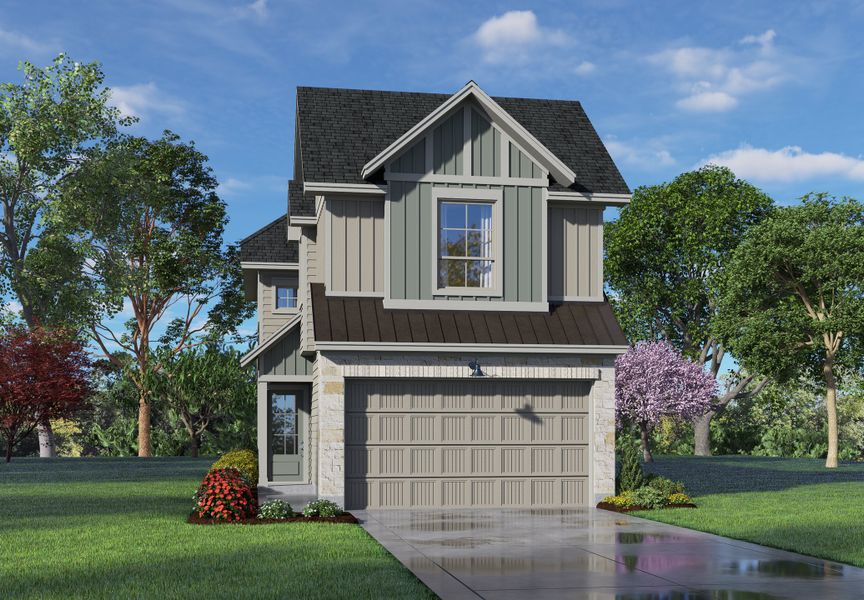 Front exterior of a new home in Meridiana, Manvel, TX, highlighting curb appeal (Image 21).