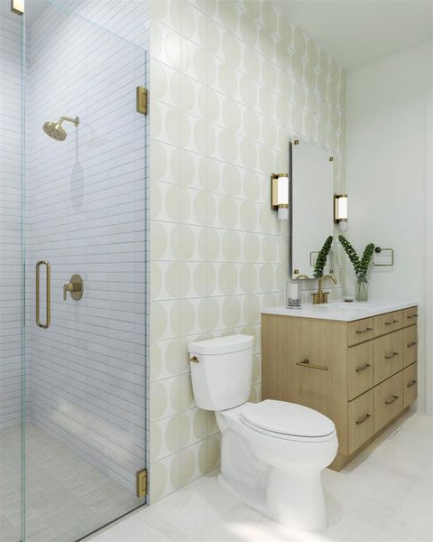 Bathroom with tile patterned floors, toilet, tile walls, and vanity