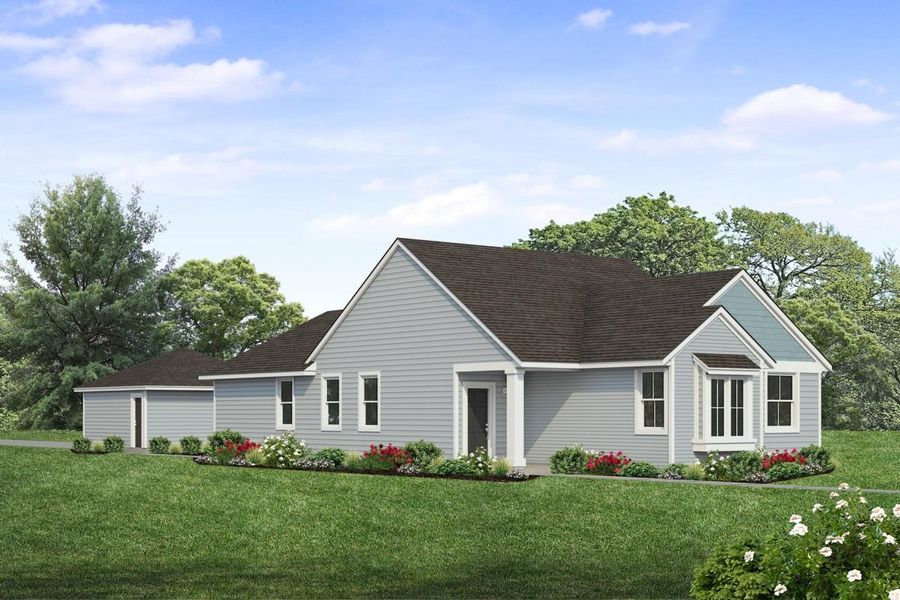 Rendering of one story two-tone blue home with black door and detached garage with sky and landscaping Rendering of one story two-tone blue home with black door and detached garage with sky and landscaping