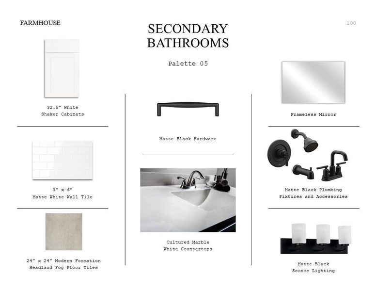Farmhouse Look Palette 5: Secondary Bathroom Selection Sheet (*Artist rendering used for illustration purposes only.) Farmhouse Look Palette 5: Secondary Bathroom Selection Sheet (*Artist rendering used for illustration purposes only.)