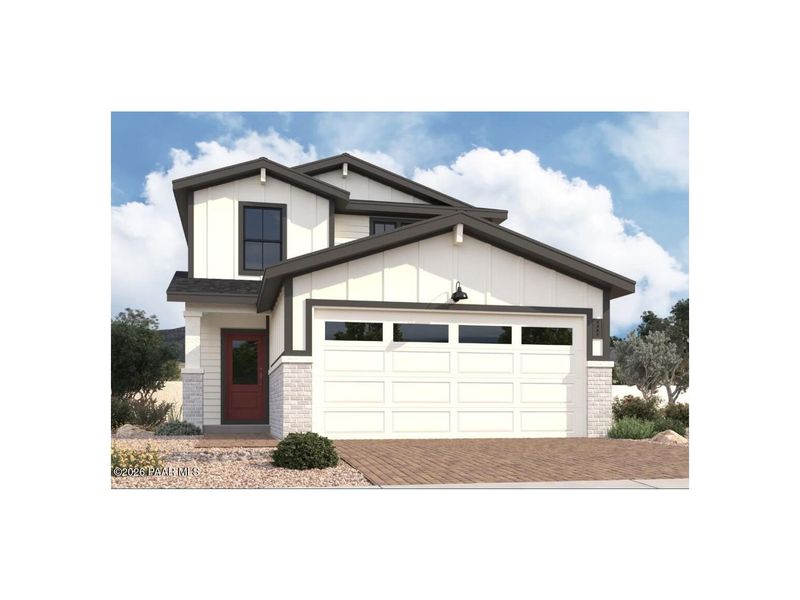 Front exterior of a new home in South Ranch Southern Collection, Prescott, AZ, highlighting curb appeal (Image 1). Front exterior of a new home in South Ranch Southern Collection, Prescott, AZ, highlighting curb appeal (Image 1).