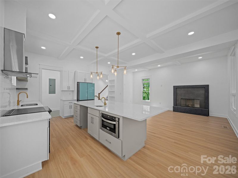 Main level great room with fireplace and door to pantry.