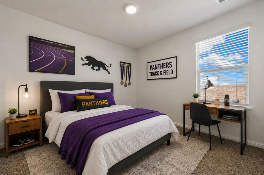Virtually staged - Bedroom #4 features plush carpeting and a large window providing pleasant outdoor views.
