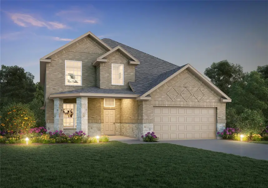 Front exterior of a new home in Bluestem, Brookshire, TX, highlighting curb appeal (Image 1). Front exterior of a new home in Bluestem, Brookshire, TX, highlighting curb appeal (Image 1).