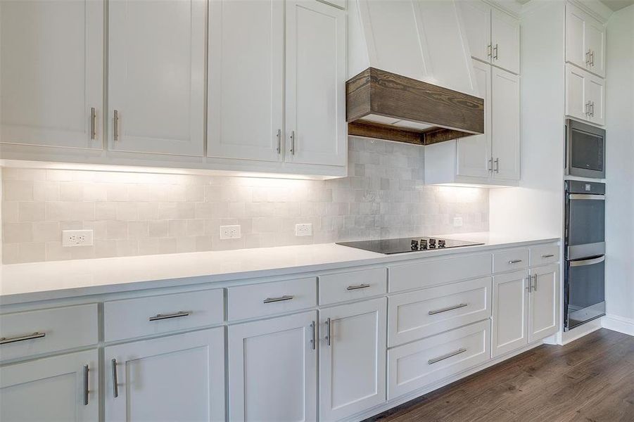 Kitchen featuring dark hardwood / wood-style floors, tasteful backsplash, white cabinets, custom exhaust hood, and stainless steel appliances