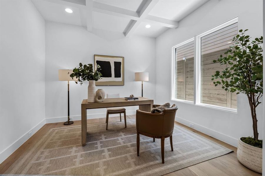 Office area featuring beam ceiling, hardwood / wood-style flooring, and coffered ceiling