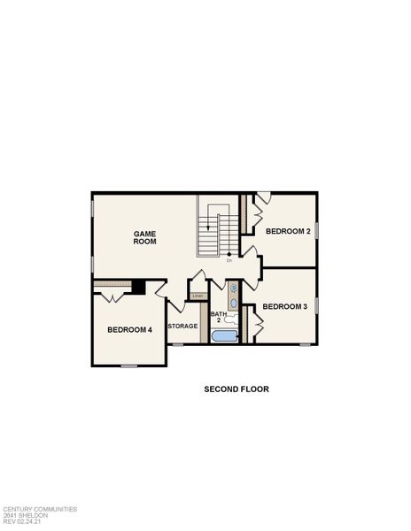 2D floor plan layout for the Sheldon by Century Communities in Mirabella, Brookshire, TX (Image 3).