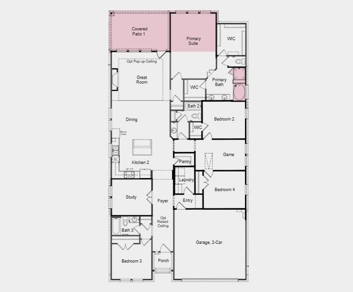 Additional Highlights Include:Extended primary suite, slide-in tub at primary bath, game room and bedroom in place of tandem garage, raised foyer ceilings, study in place of flex, mud set shower at secondary bath, and extended covered patio.