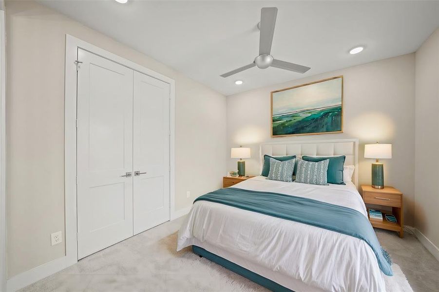 Virtually Staged: Secondary Bedroom with carpet floors, recessed lighting, and a ceiling fan.