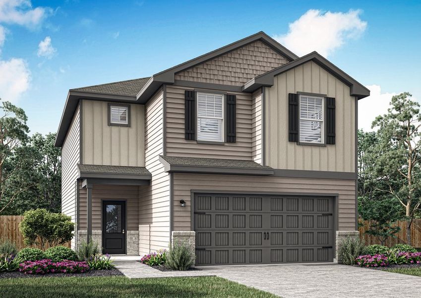 A rendering of the Mequite floor plan with stone detail