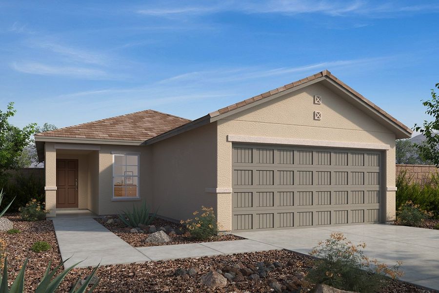 Front exterior of a new home in Mirador Ridge Blossom, Tucson, AZ, highlighting curb appeal (Image 1). Front exterior of a new home in Mirador Ridge Blossom, Tucson, AZ, highlighting curb appeal (Image 1).