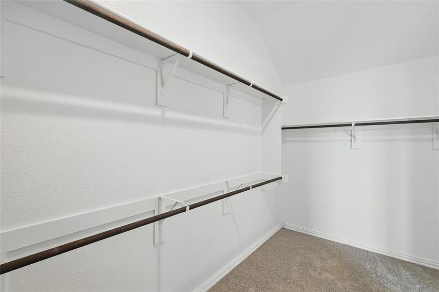 Walk in closet featuring light colored carpet and lofted ceiling