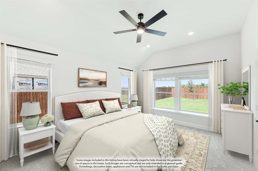 Bedroom with vaulted ceiling, ceiling fan, large windows, and carpet flooring