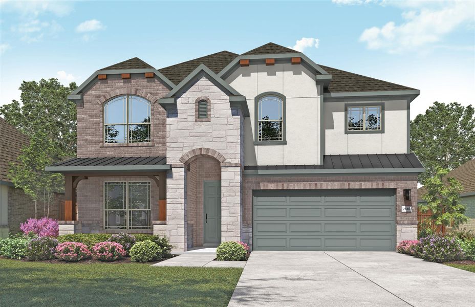 Front exterior of a new home in Oaks at San Gabriel, Georgetown, TX, highlighting curb appeal (Image 1). Front exterior of a new home in Oaks at San Gabriel, Georgetown, TX, highlighting curb appeal (Image 1).