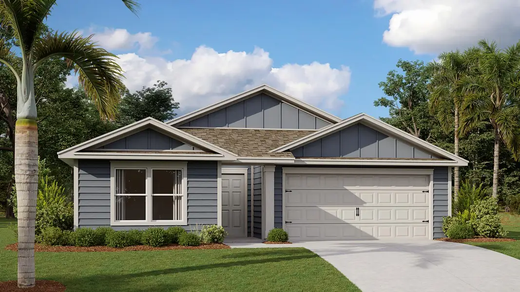 Front exterior of a new home in Freedom at Sawmill Branch, Palm Coast, FL, highlighting curb appeal (Image 1). Front exterior of a new home in Freedom at Sawmill Branch, Palm Coast, FL, highlighting curb appeal (Image 1).