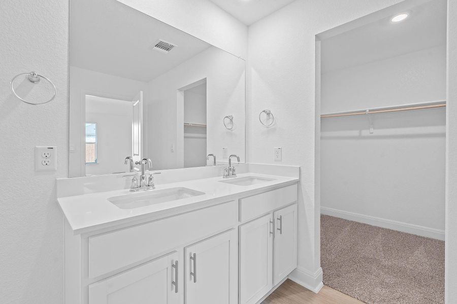Full bath featuring a spacious closet, double vanity, light colored carpet, a textured wall, and light wood-type flooring Full bath featuring a spacious closet, double vanity, light colored carpet, a textured wall, and light wood-type flooring